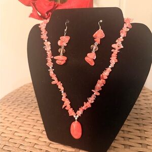 Coral Beaded Necklace and Earring Set